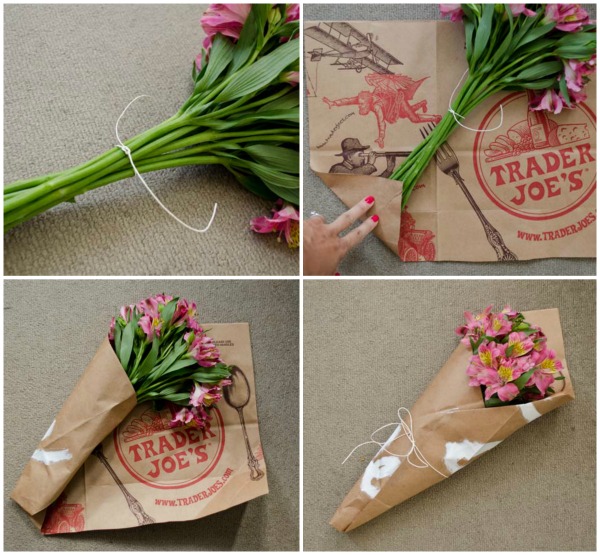 Make a cute flower holder out of a Trader's Joe's bag!  www.happinessiscreating.com